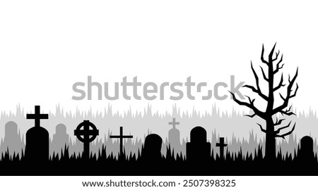 Old cemetery silhouette, abandoned graveyard in Halloween night, vector background. Scary spooky cemetery with graves and tree