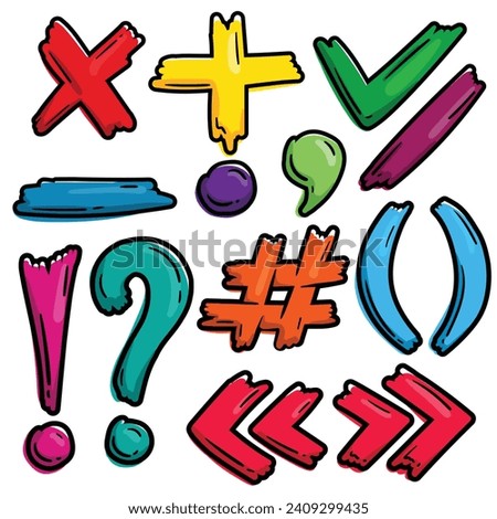 Set of bright cartoon punctuation marks and symbols, doodle, hand drawn, scribbles