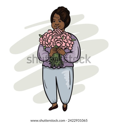 A beautiful fat black woman holds a bouquet of flowers in her hands. Postcard for International Women's Day.