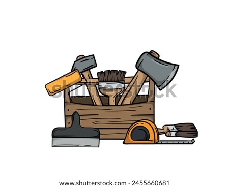 Building and Renovation. Bright vector editable illustration of a tool box, brush, tape measure and spatula