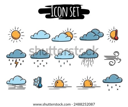 Simple vector weather icon set. Hand drawn sun and precipitation symbols. Signs and elements for website, app, design, banner