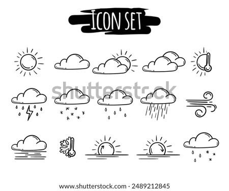 Simple vector weather icon set. Signs and symbols of precipitation and natural phenomena. Editable black and white pictograms for weather forecast