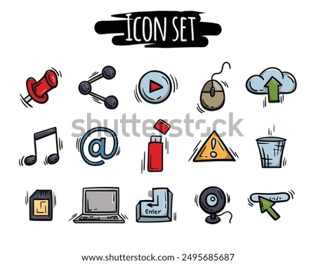 Bright set of hand drawn icons related to the internet, computer, users and interface. Simple vector signs and symbols for website design, application, banners