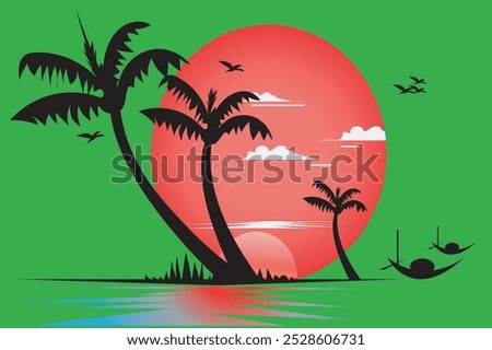 Beautiful landscape. Bank of river Green meadow.  coconut tree, Bright warm colors. The beauty of the nature landscape time with illustration