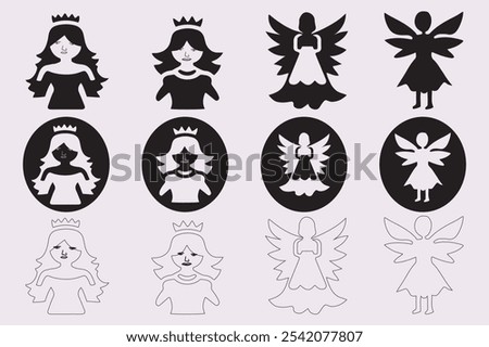 Fairy icon silhouette, avatar and outline  style profile for your favorite one. Black-white and outline vector illustration.