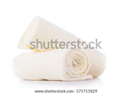 Two white towels, twisted roll on a white background. Isolated. / Two white towels, twisted roll on a white background. Isolated. / Nadale Zdjęcia stock © 