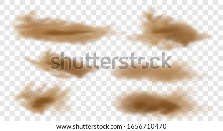 Set of realistic trails Road dust, dust from under the wheels, from under the horses' hooves isolated on a transparent background. Brown dusty cloud or dry sand flying with a gust of wind. 