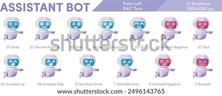 Assistance Bot - Point Left Hand - Right View (45° Turn) - Emotions Range (Smile, Neutral, Wink, Amazed, Shy, Sad, Negative, Amazed, Satisfied, Buzzed)