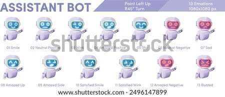 Cute Friendly Assistance Bot - Point Left Hand Up - Right View (45° Turn) - Emotions Range (Smile, Neutral, Wink, Amazed, Shy, Sad, Negative, Amazed, Satisfied, Buzzed)