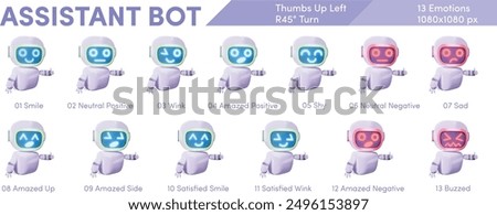 Cute Friendly Assistance Bot - Thumbs Up Left Hand - Right View (45° Turn) - Emotions Range (Smile, Neutral, Wink, Amazed, Shy, Sad, Negative, Amazed, Satisfied, Buzzed)