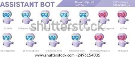 Cute Friendly Assistance Bot - Thumbs Up Left Hand - Left View (45° Turn) - Emotions Range (Smile, Neutral, Wink, Amazed, Shy, Sad, Negative, Amazed, Satisfied, Buzzed)