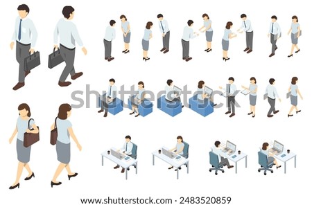 Isometric person illustration: suit men and women set (summer clothes) 2