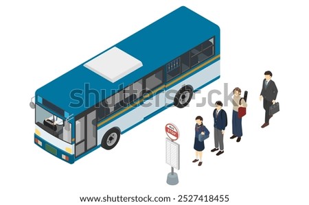 Isometric illustration: bus and passengers waiting at the bus stop