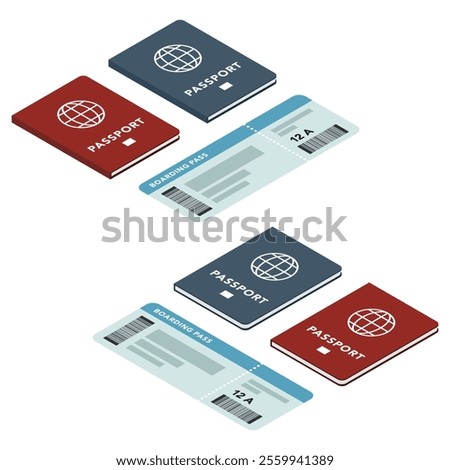 Isometric illustration: passport and airline ticket