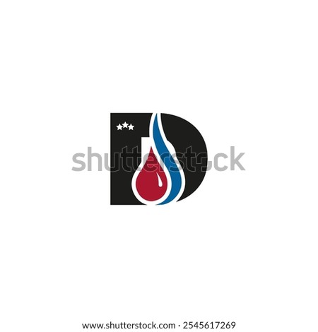 A modern logo design integrating water and fire elements within a bold letter D. Three stars add an element of professionalism and distinction, making it suitable for various branding purposes.