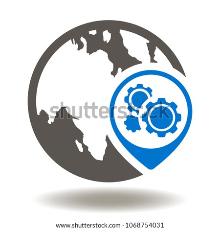 Globe Earth Location Button Gears Mechanism Icon Vector. Global Automation Process Modernization Illustration. World Automatic System Map Marker Logo Symbol.
