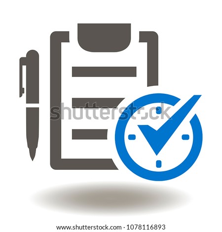 Check List Check Mark Pen Clock Icon Vector. Time Compliance Business Illustration. Test Logo Symbol.