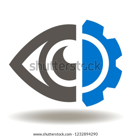Eye cog wheel vector icon. Big brother AI logo. Automated surveillance machine learning symbol. Vision sign.