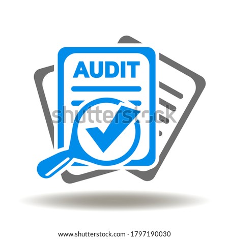 Document Sheets and Magnifying Glass with Check Mark Icon Vector. Finance Audit, Analytics and Planning Logo. Stock foto © 