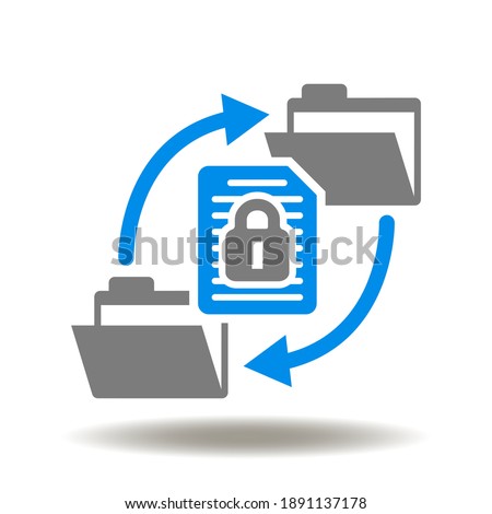 Folder documents with lock and circular arrows, vector icon. File Transfer Encryption Symbol. Data Management Security Illustration.