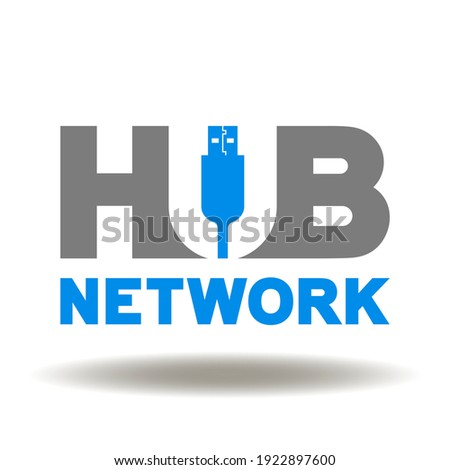 Hub network words with usb plug cable type a vector icon. Hub network symbol.