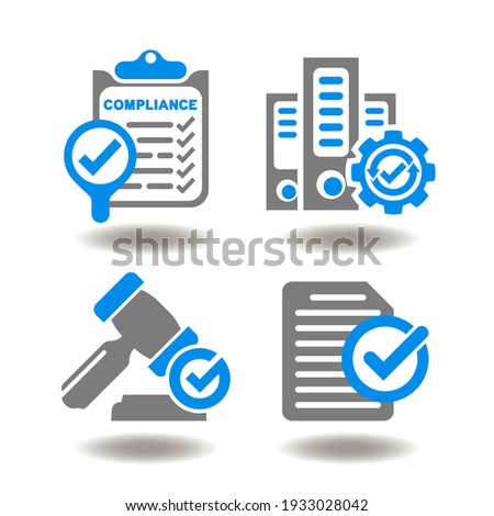 Compliance Regulations Standards Law Policies Rules Symbol. Checklist with magnifier and check mark, binder folders with gear and check, gavel with check, document paper with tick vector icon set.