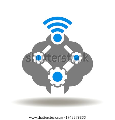 Cloud computing with robot arm and wireless digital signal vector icon. Cloud computing automation technology symbol. Industry 4.0 AI Iot Tech Logo.