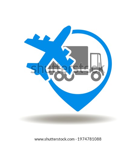 Location map pointer with aircraft and truck vector illustration. Shipping symbol. Shipment Logistics Supply Chain Delivery Tracking Icon.