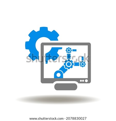 Vector illustration of computer display with robot arm and gear. Symbol of CAE Сomputer-Aided Engineering. Icon of CAD project designing software system.