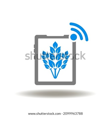 Vector illustration of tablet computer with wheat or rye ears and wifi wireless signal. Icon of smart farming technology. Internet of things and agriculture 4.0. Symbol of IoT agricultural technology.