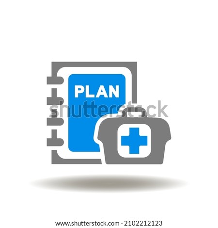 Vector illustration of book or journal with plan text and medical first aid kit. Icon of emergency preparedness plan. Symbol of evacuation plan.