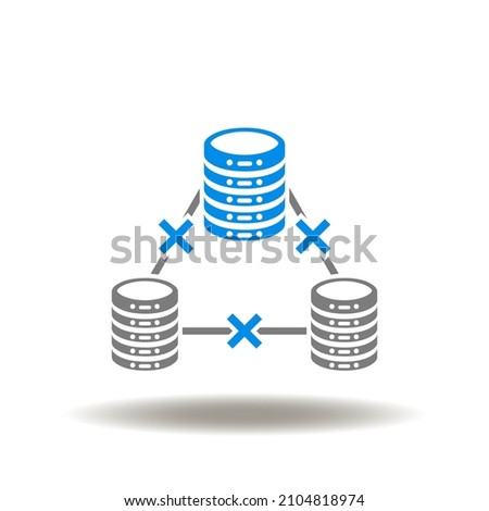 Vector illustration of server network with cross connection. Icon of decentralized networking computing database system. Symbol of information silo.