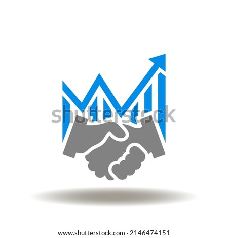 Vector illustration of handshake with growth graph. Icon of partnership. Symbol of deal trust.