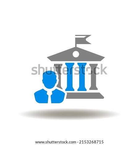 Vector illustration of government build with businessman. Icon of bank. Sign of justice or court with lawyer. Symbol of public sector.