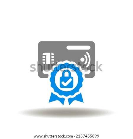 Vector illustration of banking, debit, credit card with stamp, lock and check mark. Icon of PCI DSS Payment Card Industry Data Security Standard. Symbol of financial banking standards compliance.