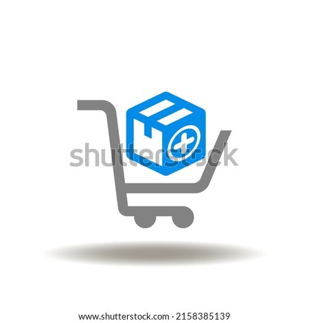 Vector illustration of shopping basket with packaging box and medicine pharmacetical cross or plus. Icon of medical pharmacy procurement. Symbol of online drugstore.