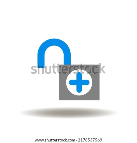 Vector illustration of open lock with medical pharmacy cross or plus. Icon of medicine datum secrecy, privacy, insurance. Symbol of safety health.