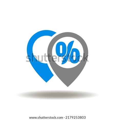 Vector illustration of location pointer with percent. Icon of PIP Percentage In Point. Symbol of public sector, bank place on map. Imagine de stoc © 