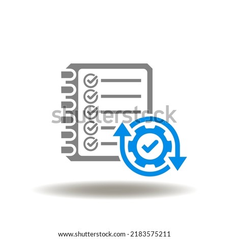 Vector illustration of checklist or booklet with gear, check and round arrows. Symbol of BCP Business Continuity Plan. Icon of continuous work.