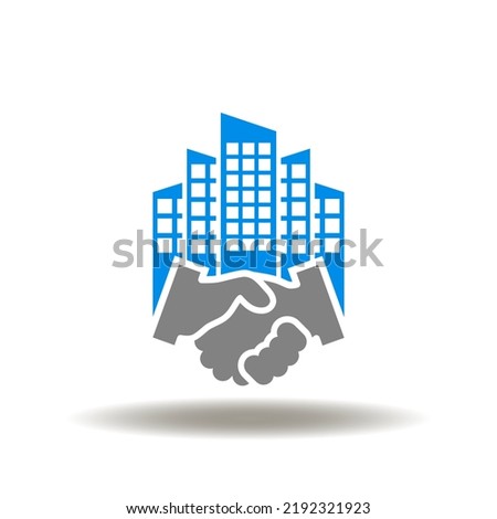 Vector illustration of handshake with skyscraper. Symbol of LLC Limited Liability Company. Icon of merger and acquisition.