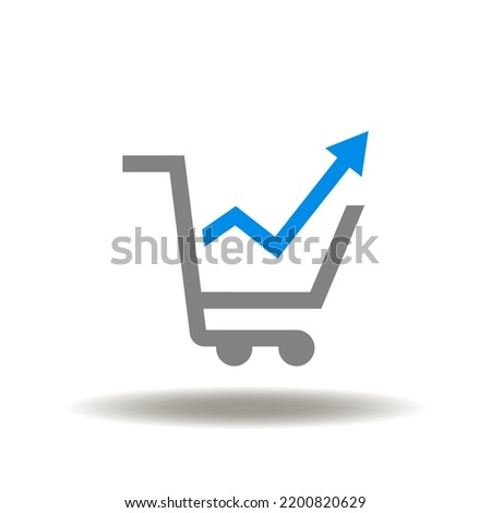 Vector illustration of shopping basket with growth graph. Icon of upselling. Symbol of cross-sell. Sign of sale, discount.