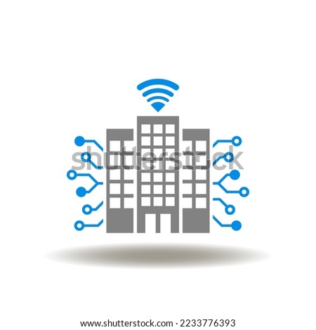 Vector illustration of skyscraper with circuits and WI-FI. Icon of smart city. Symbol of modern IoT city tech.