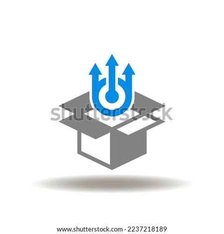 Vector illustration of open box with arrows up. Icon of product release. Symbol of software project development. Sign of merchandise.