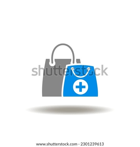 Vector illustration of shopping bags with healthcare or pharmaceutical plus sign. Icon of medical purchasing, sale. Symbol of pharmacy.