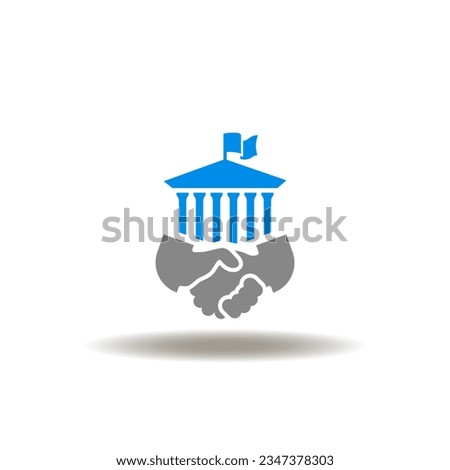 Vector illustration of handshake with building of government or court or bank. Icon of deal. Symbol of B2G Business To Government.