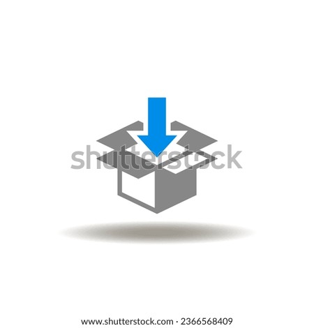 Vector illustration of open box with arrow down. Icon of order fulfillment. Symbol of product packaging.