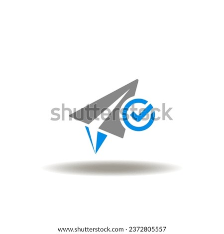 Vector illustration of paper airplane with check mark. Icon of request. Symbol of mail message.