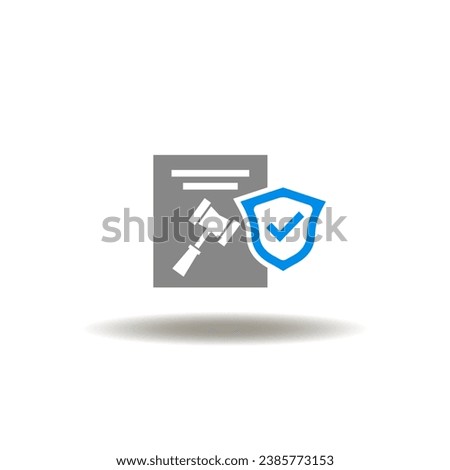 Vector illustration of document list with gavel and shield with check mark. Icon of code of conduct. Symbol of legislation.