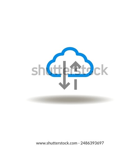 Vector illustration of cloud computing with arrows down and up. Symbol of database. Icon of web server. Sign of download upload digital data.