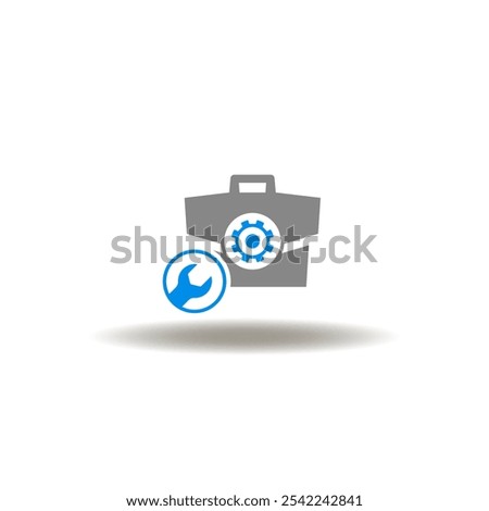 Vector illustration of briefcase with gear wheel and wrench. Symbol of tools box. Icon of toolbox. Sign of operational marketing, business management, work experience.